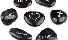 Holy Land Market Engraved Inspirational Stones – Catholic Collection with Holy Family, Cross & Heart, Polished Black River Rocks