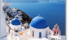 View with Greek Orthodox Church with Blue Domes and Sea in Oia in Santorini, Greece, Europe. Beautiful Scenery Above The Caldera Overlooking The Aegean Sea., Fridge Magnet