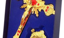 Holy Land Market Altar Table Crucifix – Church or Home Decor – Enamel Ornamented (10 Inch, Golden/Red Stones)