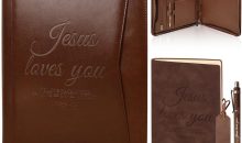 4 Pcs Christian Gifts for Men Pastors Appreciation Leather Bible Portfolio Scripture Notebook Bookmark Pen Religious Present Pastor Kit Supplies Accessories, ‘Jesus loves you’ Church Notes Journal
