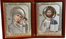 Saviour-Kazan folding rectangular bipartit/Byzantine Silver Orthodox Christian Icon/Greek Handmade (red, 7 1/2 x 6)