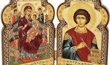 Needzo Russian Healer St Saint Panteleimon Wooden Orthodox Icon and Virgin Mary Queen of All Refuge of Sick and Cancer Suffers Diptych, 4 Inch, Dome Shape, Gold Foil